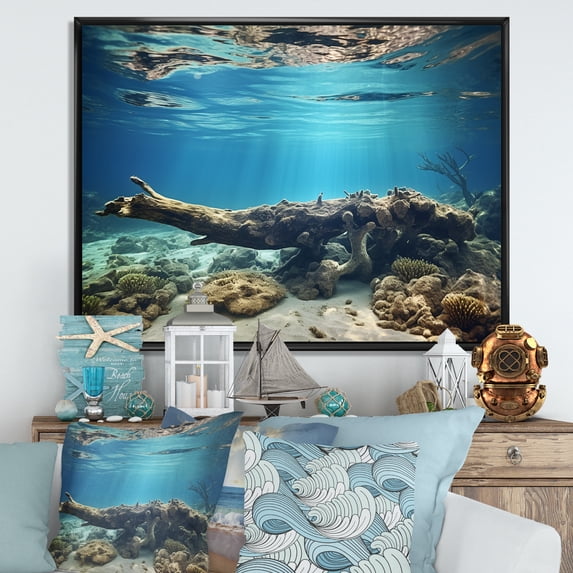Designart "The Coastal Coral Realm" Coastal Coral Under Water Floater Framed Canvas Wall Art