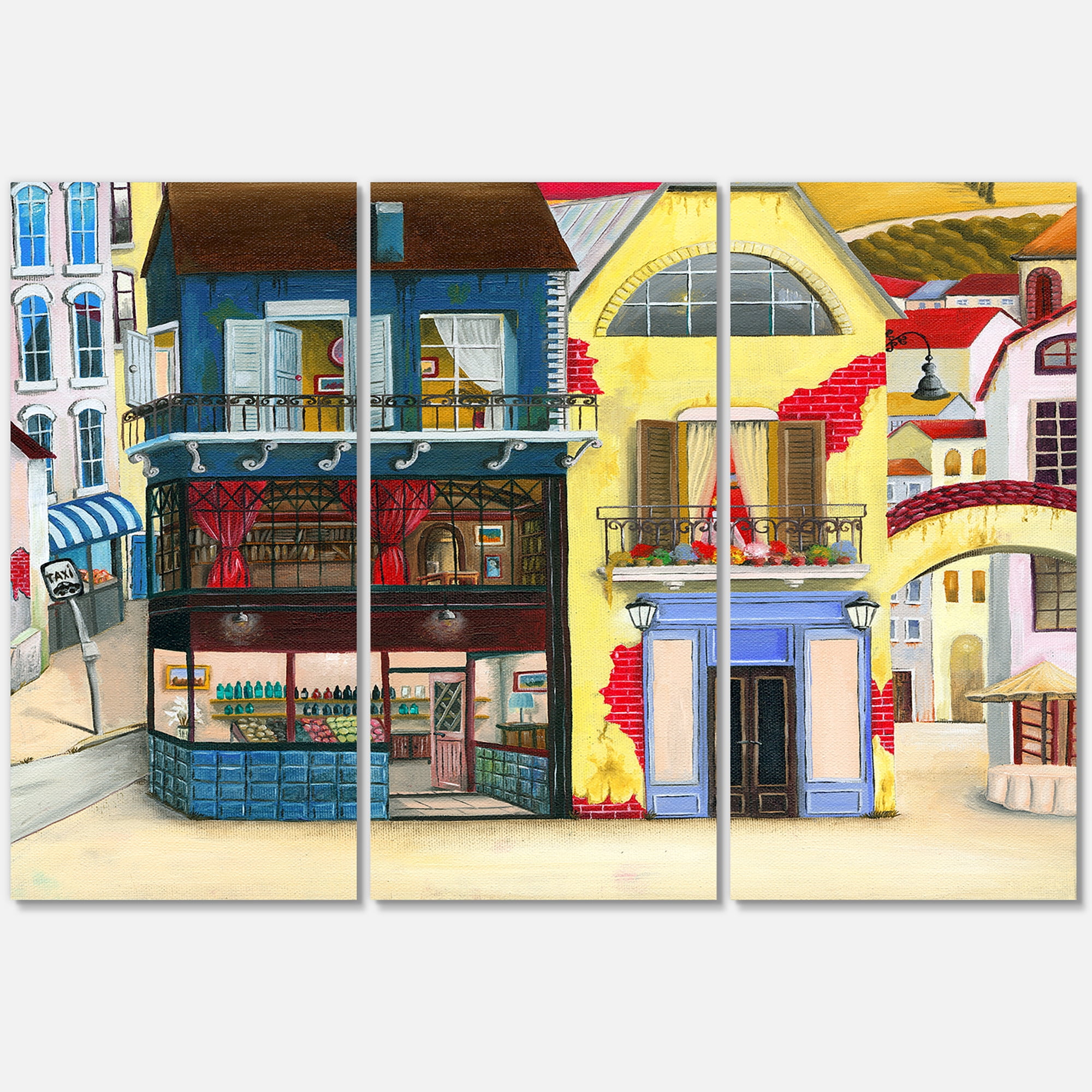Designart ' The Colorful Facade of The Buildings In A Cozy Streets ' French Country Canvas Wall Art Print