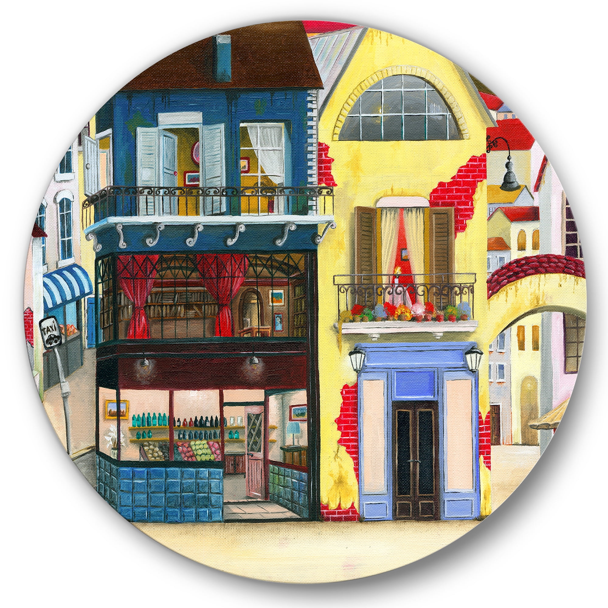 Designart 'The Colorful Facade of The Buildings In A Cozy Streets' French Country Circle Metal Wall Art 23x23 - Disc of 23