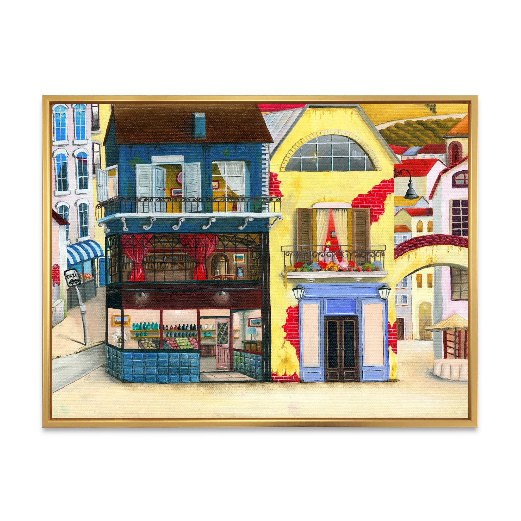 Designart 'The Colorful Facade of The Buildings In A Cozy Streets' French Country Framed Canvas Wall Art Print