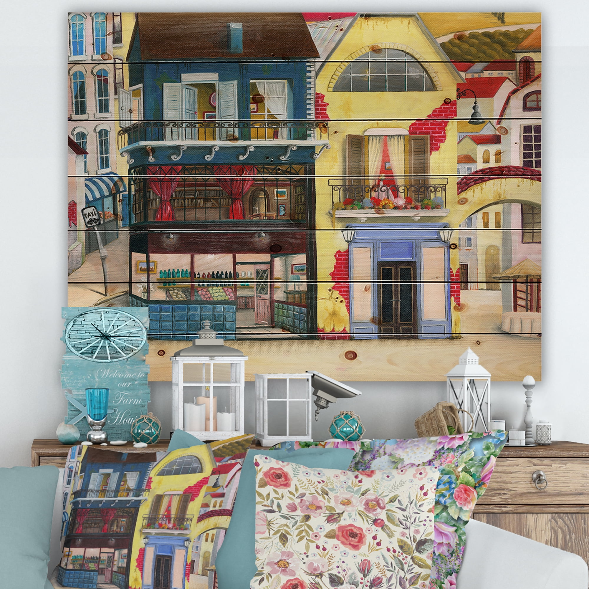 Designart 'The Colorful Facade of The Buildings In A Cozy Streets' French Country Print on Natural Pine Wood