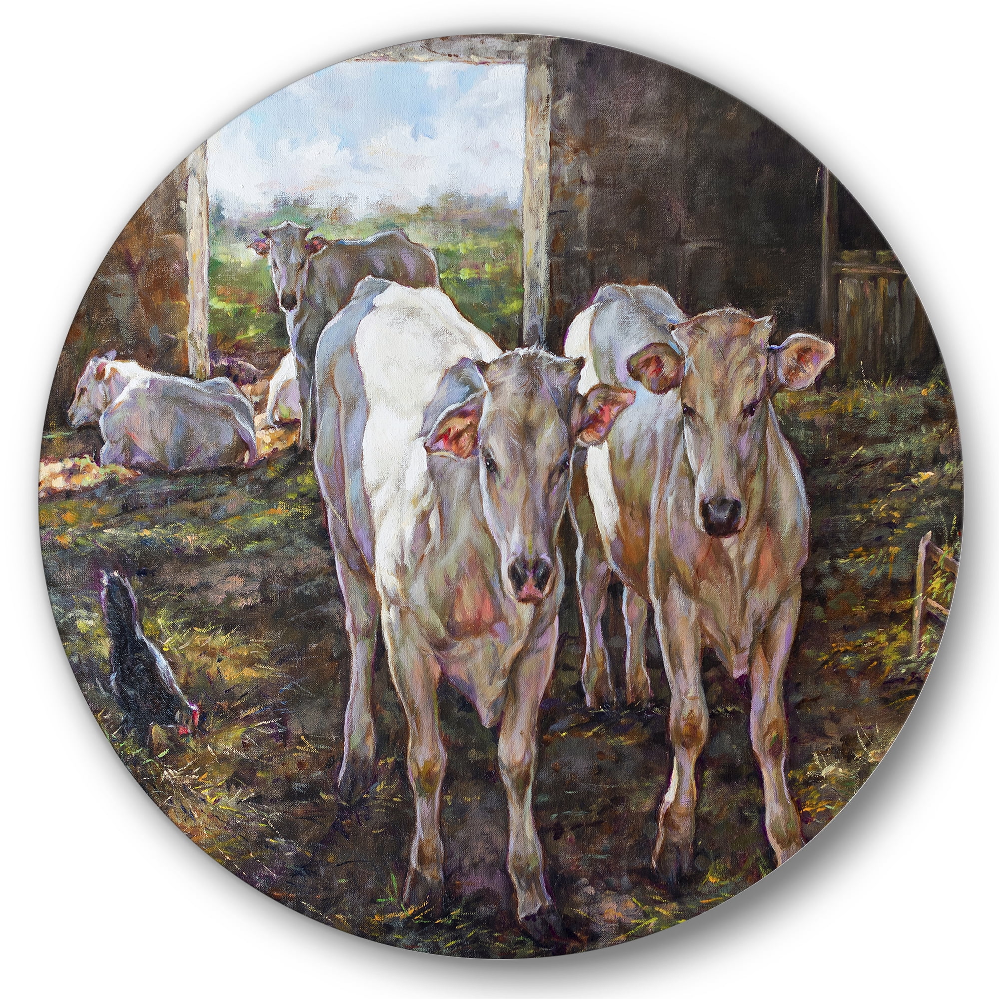 Designart 'The Cows In The Stable In Countryside' Farmhouse Circle Metal Wall Art 11x11 - Disc of 11