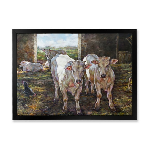 Designart 'The Cows In The Stable In Countryside' Farmhouse Framed Art Print