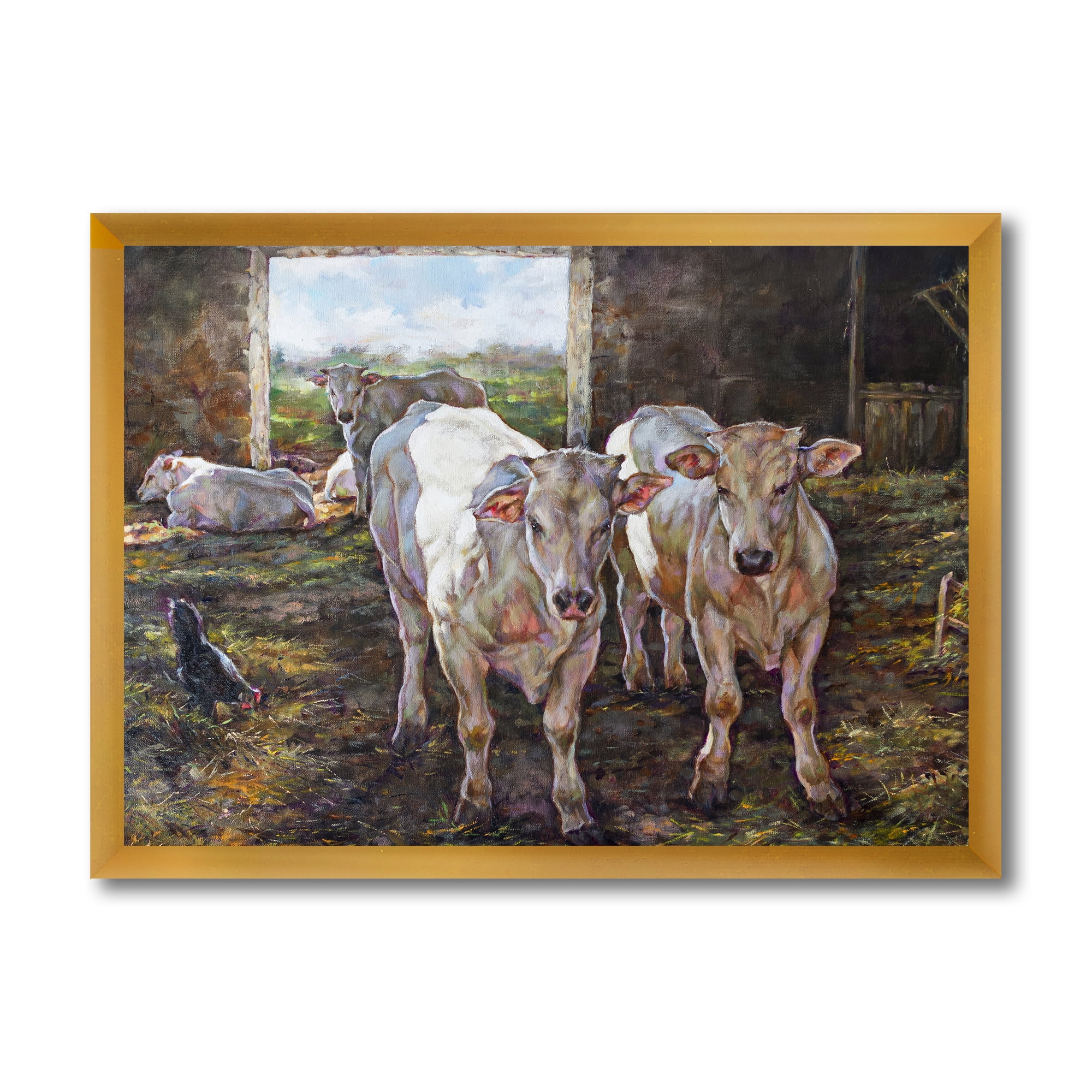 Designart 'The Cows In The Stable In Countryside' Farmhouse Framed Art Print