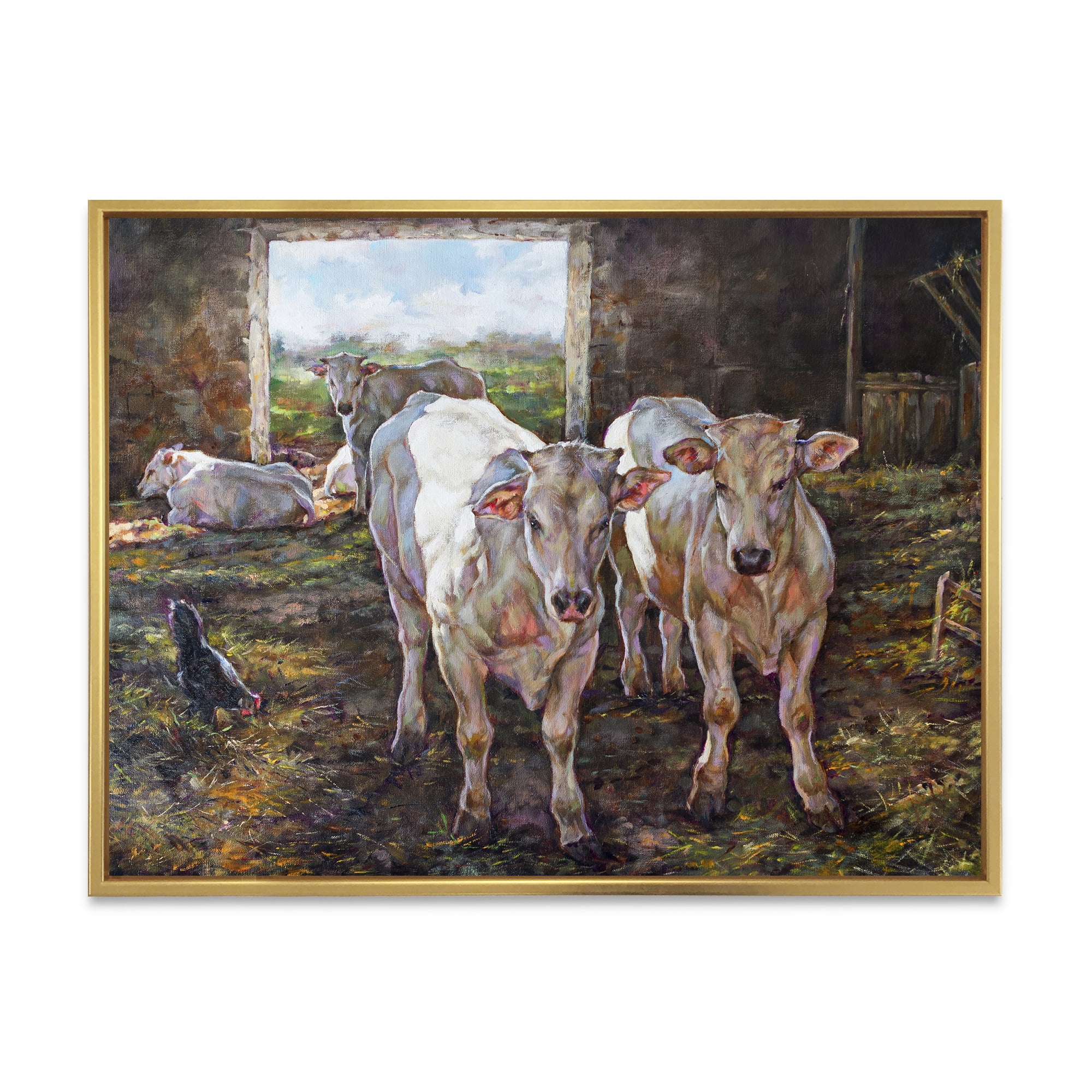 Designart 'The Cows In The Stable In Countryside' Farmhouse Framed Canvas Wall Art Print