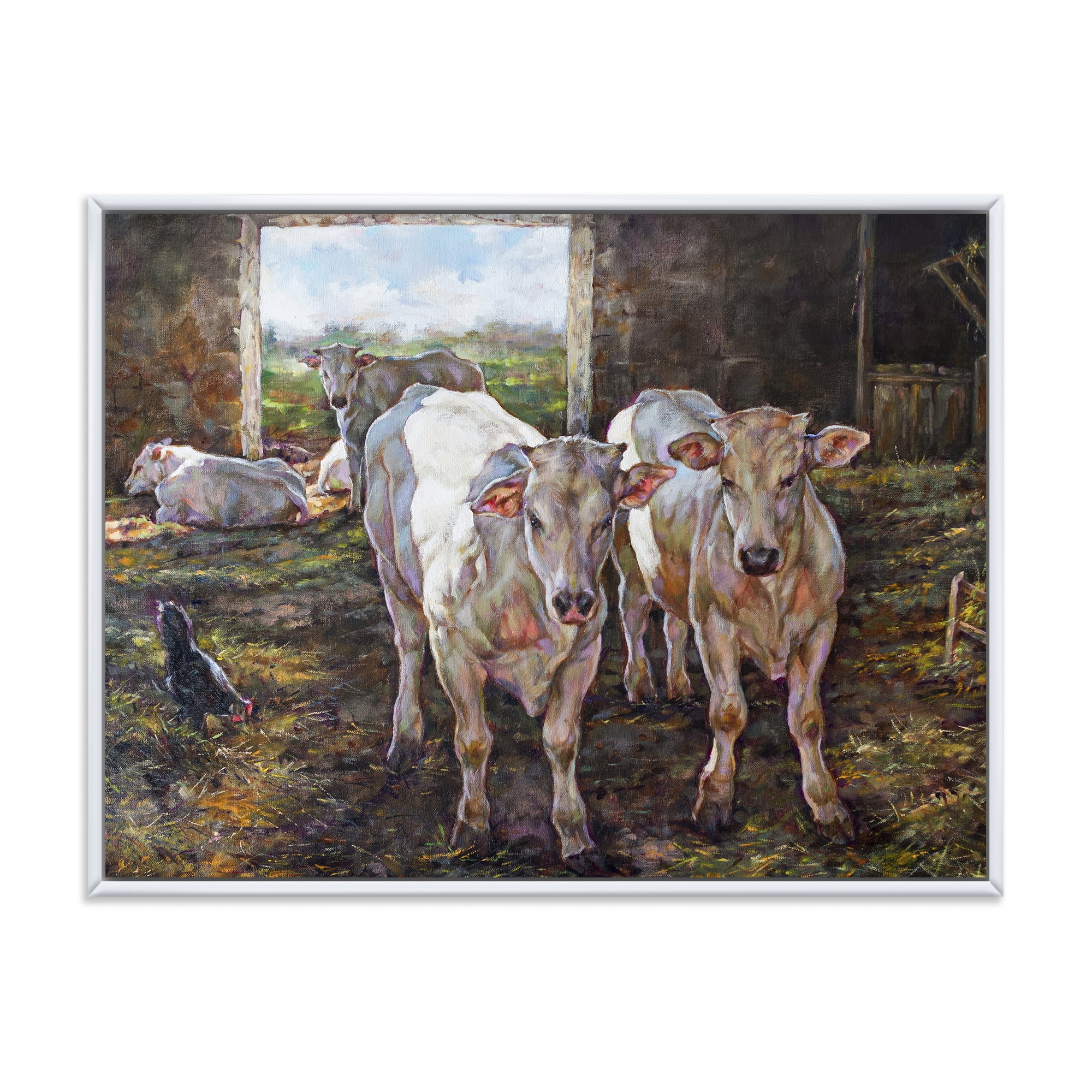 Designart 'The Cows In The Stable In Countryside' Farmhouse Framed Canvas Wall Art Print