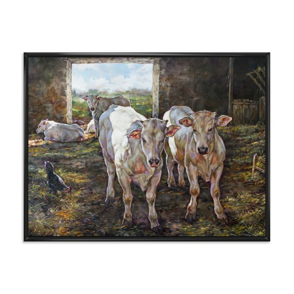 Designart 'The Cows In The Stable In Countryside' Farmhouse Framed Canvas Wall Art Print