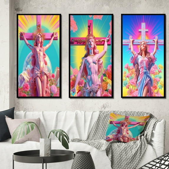 Designart "The Cross & Barbie Jesus VIII" Christianism Framed Wall Art Set Of 3 - Pink Traditional Frame Gallery Set For Office Decor