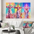 thumbnail image 1 of Designart "The Cross & Barbie Jesus VIII" Christianism Wall Art Set Of 3 - Traditional Pink Canvas Set For Living Room Decor, 1 of 6