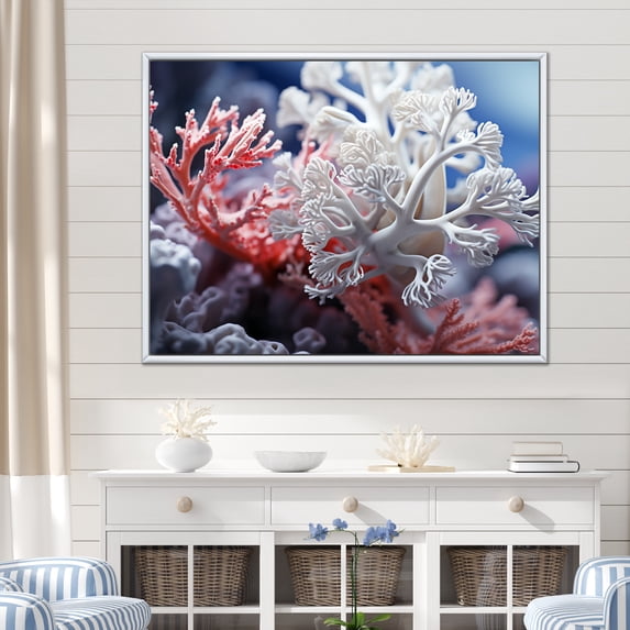 Designart "The Dance Of White Coral And Anemones" Coastal Coral Under Water Floater Framed Canvas Prints