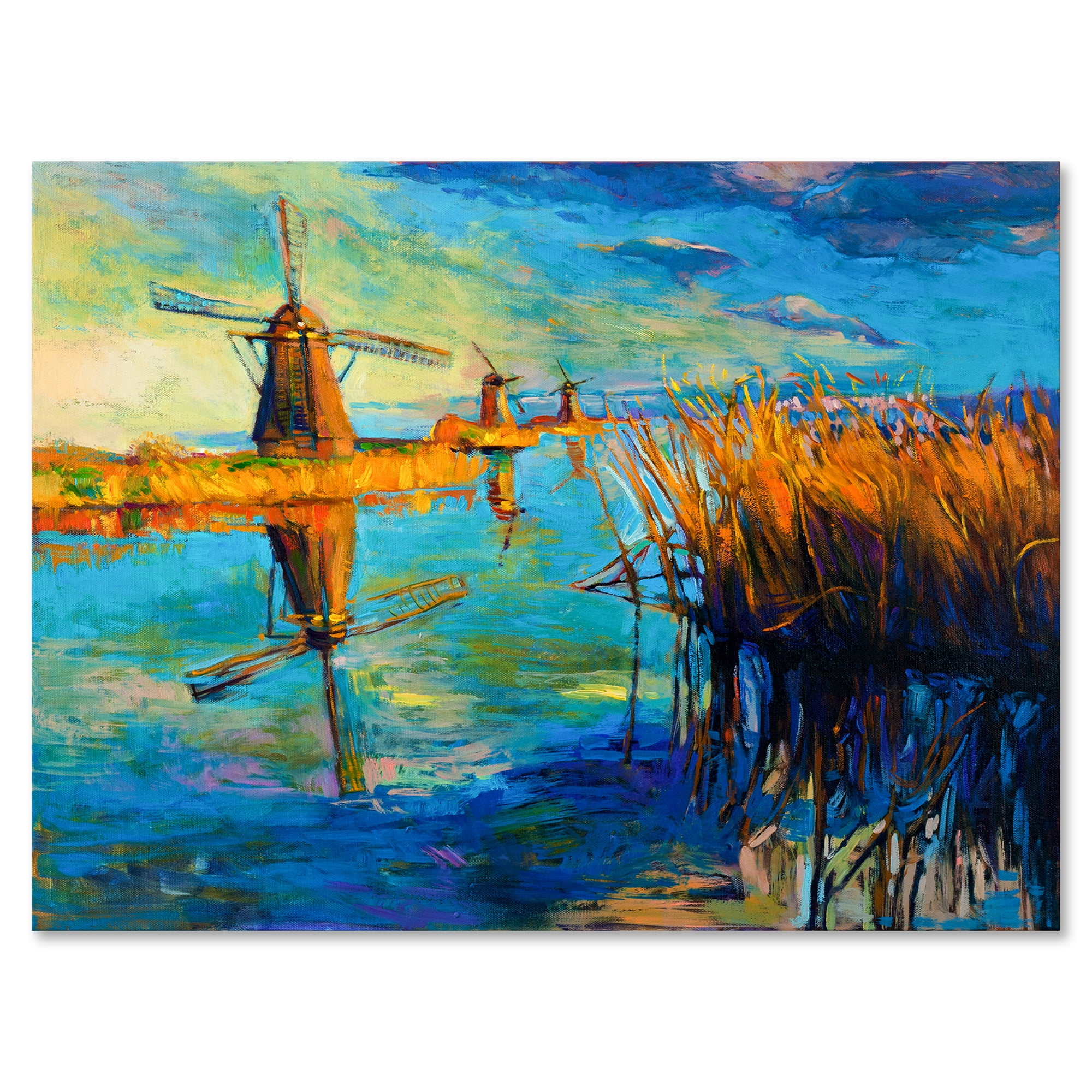 Designart ' The Deep Blue Lake And Windmills ' Nautical & Coastal Canvas Wall Art Print