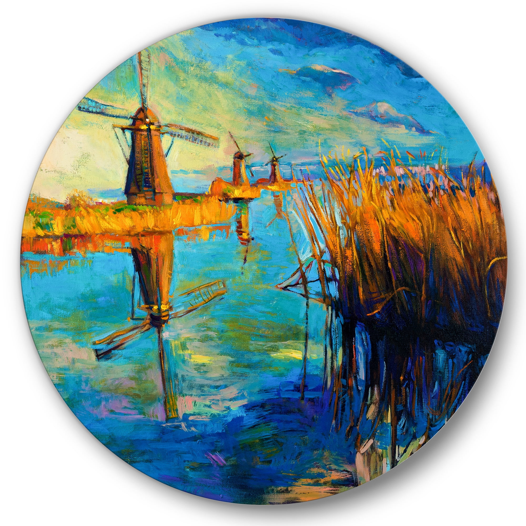 Designart 'The Deep Blue Lake And Windmills' Nautical & Coastal Circle Metal Wall Art 23x23 - Disc of 23