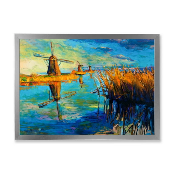 Designart 'The Deep Blue Lake And Windmills' Nautical & Coastal Framed Art Print