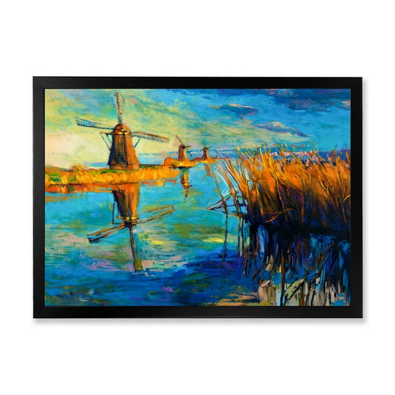 Designart 'The Deep Blue Lake And Windmills' Nautical & Coastal Framed Art Print