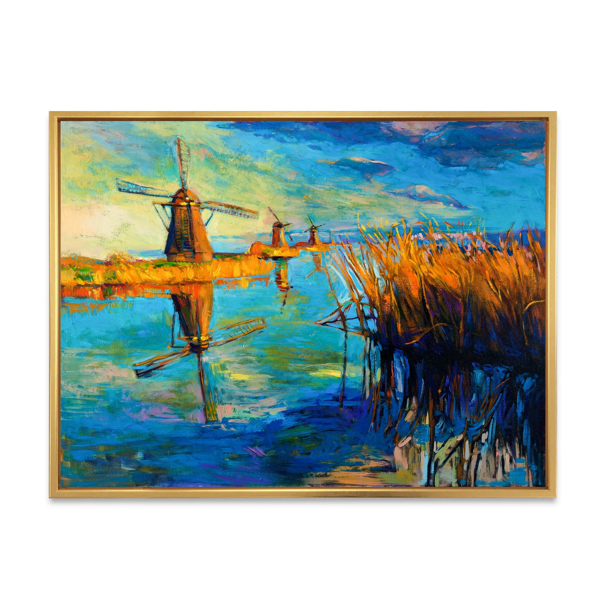 Designart 'The Deep Blue Lake And Windmills' Nautical & Coastal Framed Canvas Wall Art Print