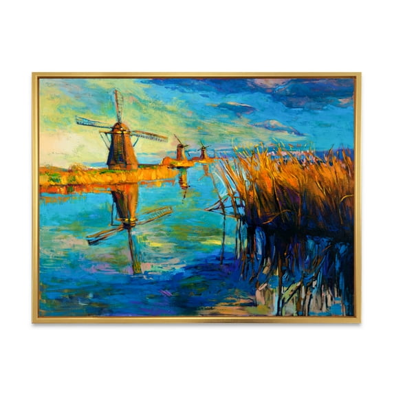 Designart 'The Deep Blue Lake And Windmills' Nautical & Coastal Framed Canvas Wall Art Print