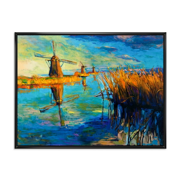 Designart 'The Deep Blue Lake And Windmills' Nautical & Coastal Framed Canvas Wall Art Print