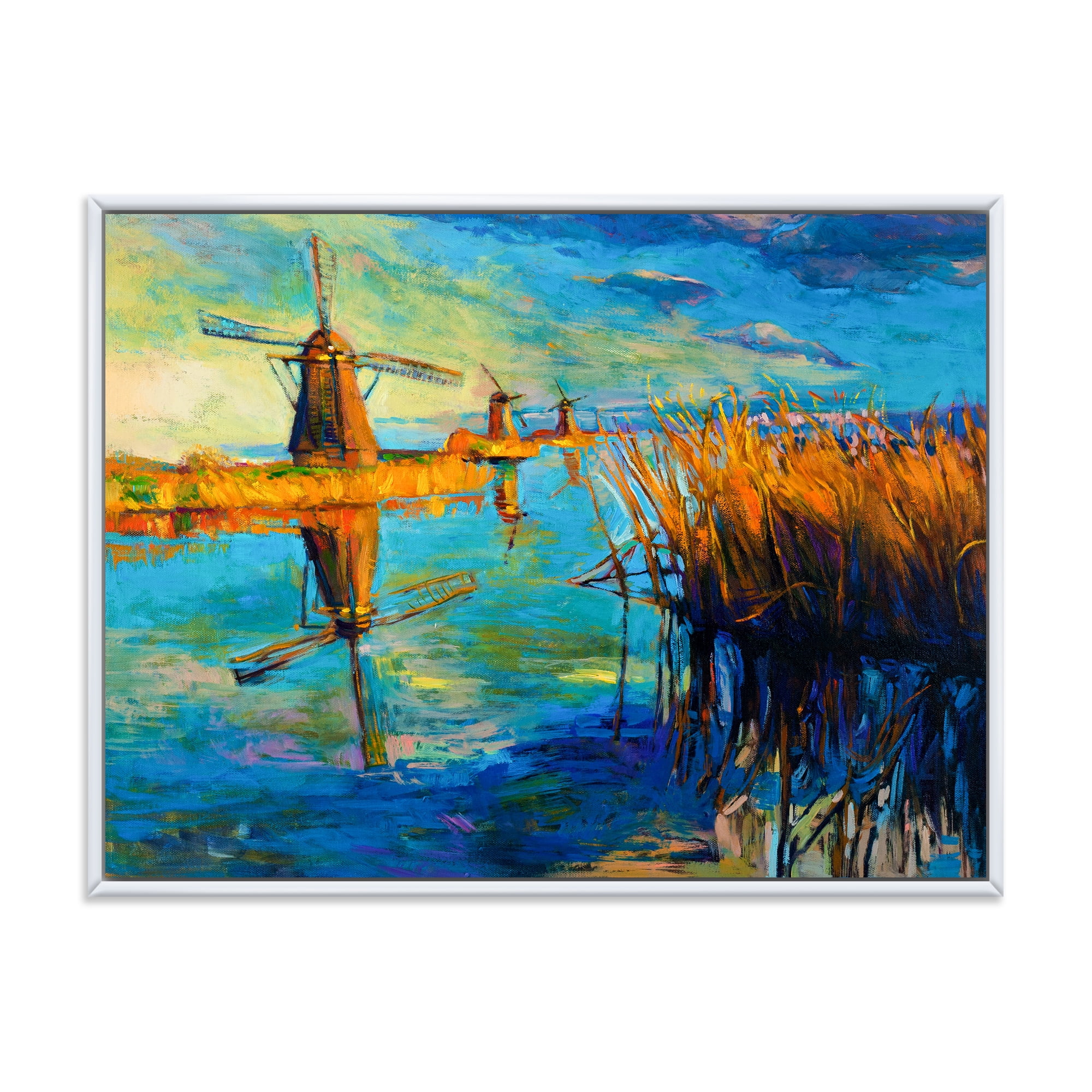 Designart 'The Deep Blue Lake And Windmills' Nautical & Coastal Framed Canvas Wall Art Print