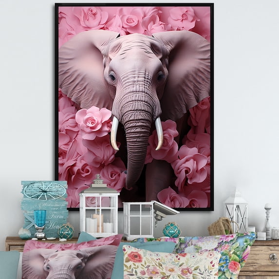 Designart "The Elephant Amidst Romantic Blooms I" Animals Elephant Floater Framed Canvas Prints