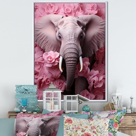 Designart "The Elephant Amidst Romantic Blooms I" Animals Elephant Floater Framed Canvas Prints