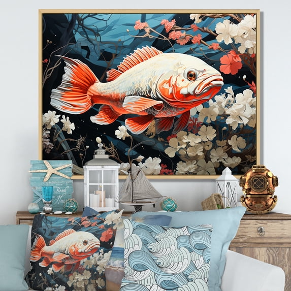 Designart "The Eloquent Dance Of Japanese Fish" Coastal Coral Under Water Floater Framed Wall Art Prints