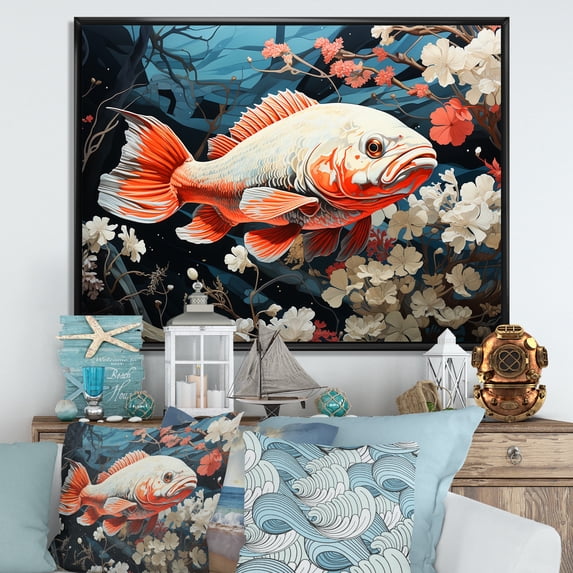Designart "The Eloquent Dance Of Japanese Fish" Coastal Coral Under Water Floater Framed Wall Art Prints