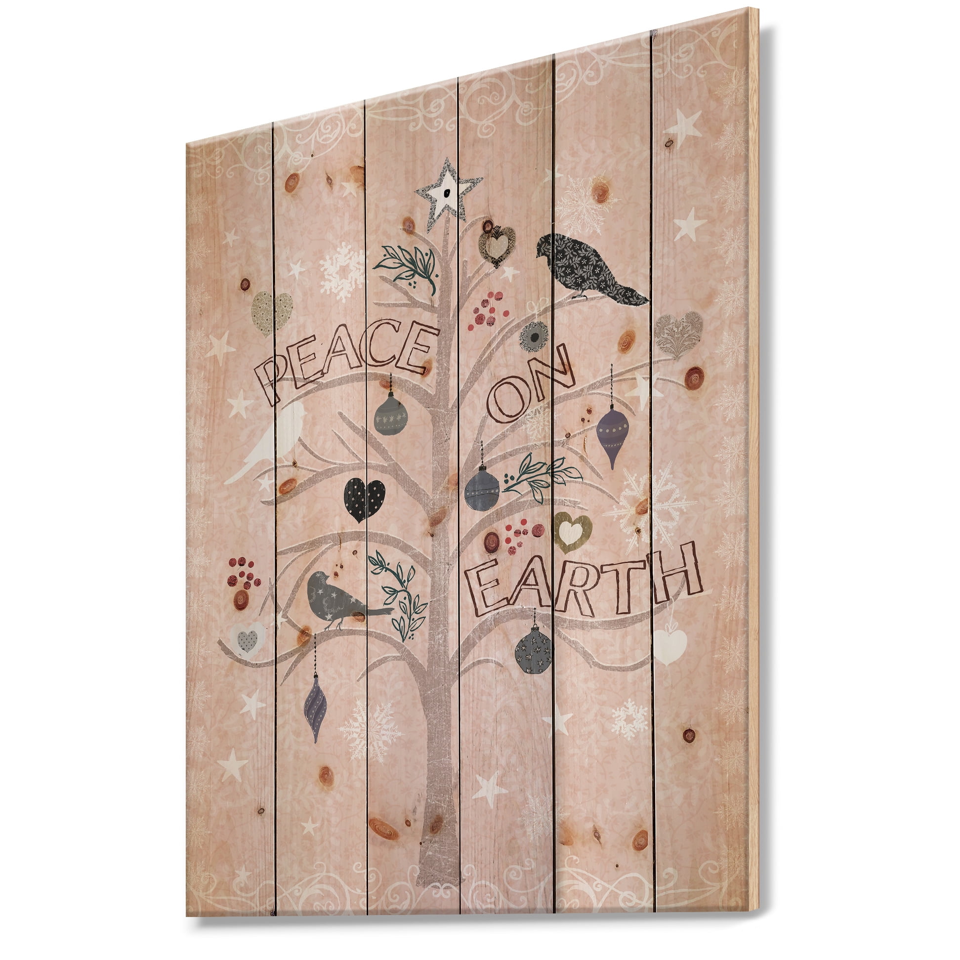 Designart 'The Embellished Christmas Tree, Peace on Earth' Print on Natural Pine Wood