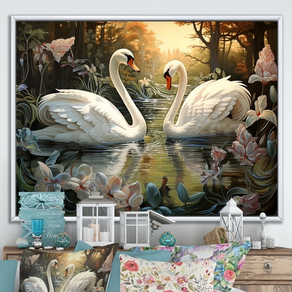 Designart "The Eternal Love Of Swans II" Animals Swans Floater Framed Canvas Prints