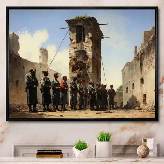 Designart "The Execution Beige and Blue Mexican Art" Mexican Art Floater Framed Canvas Print
