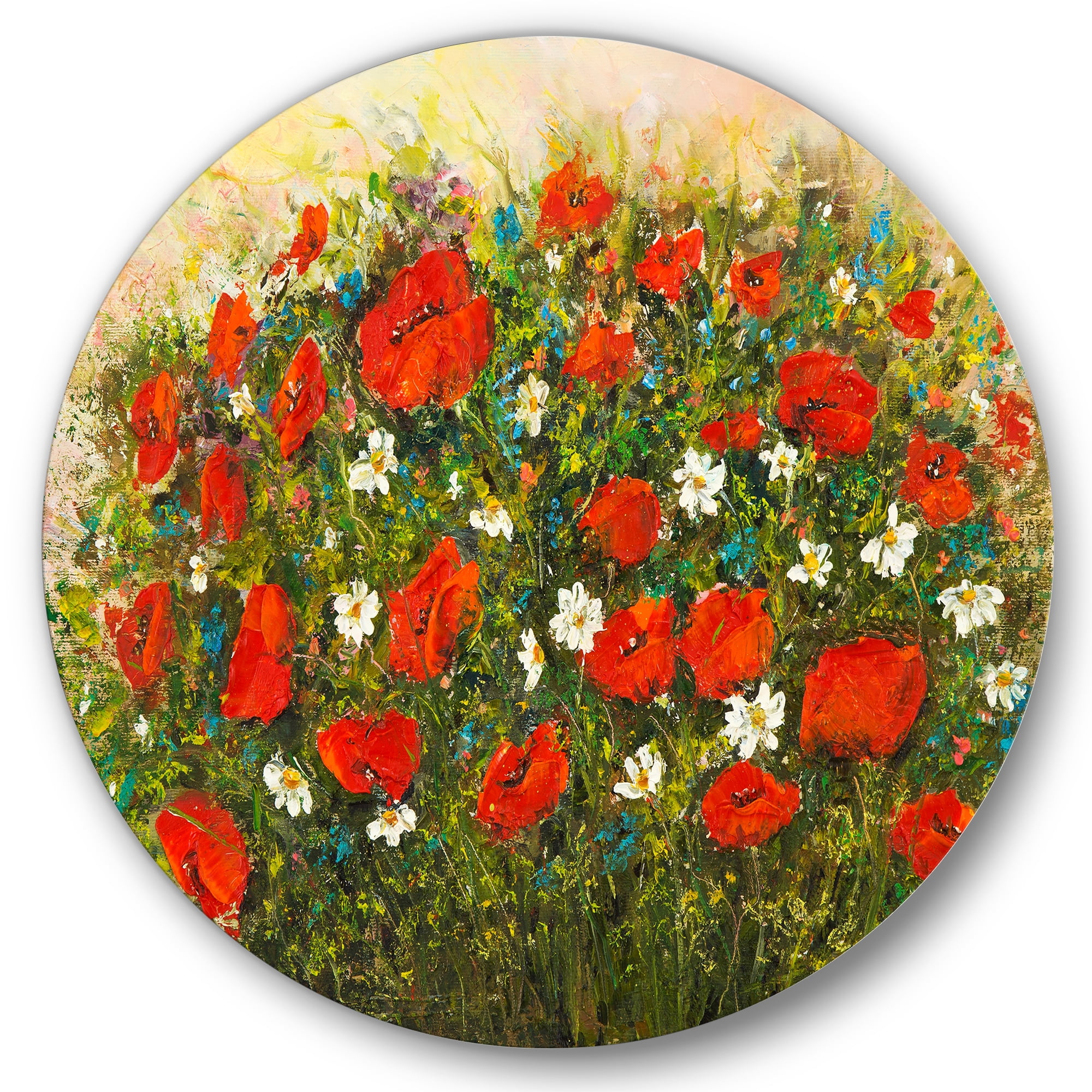 Designart 'The Fields of Red Wildflowers' Traditional Circle Metal Wall Art 11x11 - Disc of 11