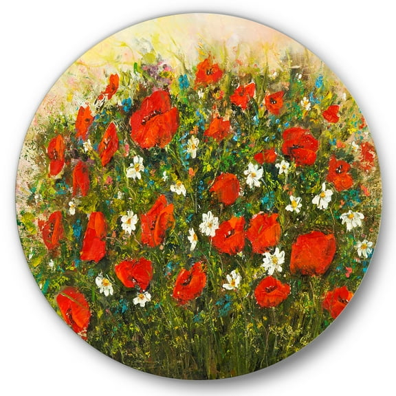Designart 'The Fields of Red Wildflowers' Traditional Circle Metal Wall Art 36x36 - Disc of 36
