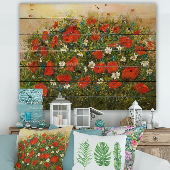 Designart 'The Fields of Red Wildflowers' Traditional Print on Natural Pine Wood
