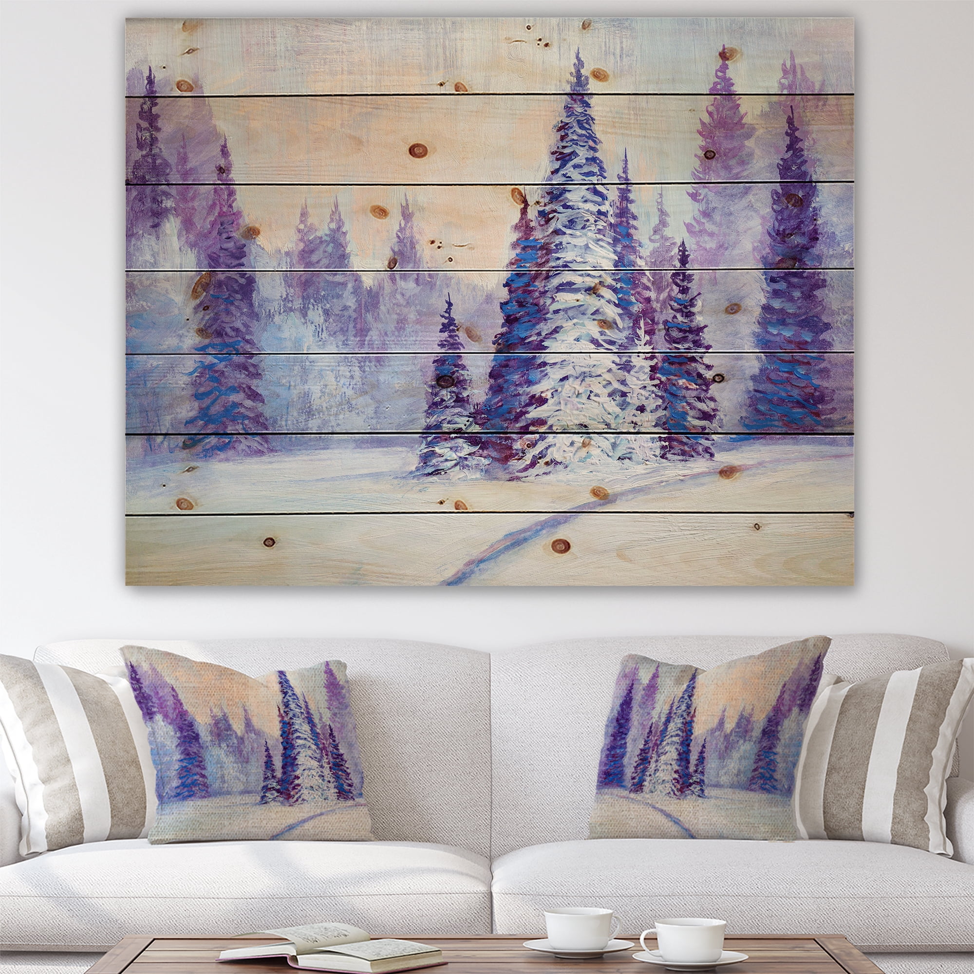 Designart 'The Forest With Winter Road' Farmhouse Print on Natural Pine Wood