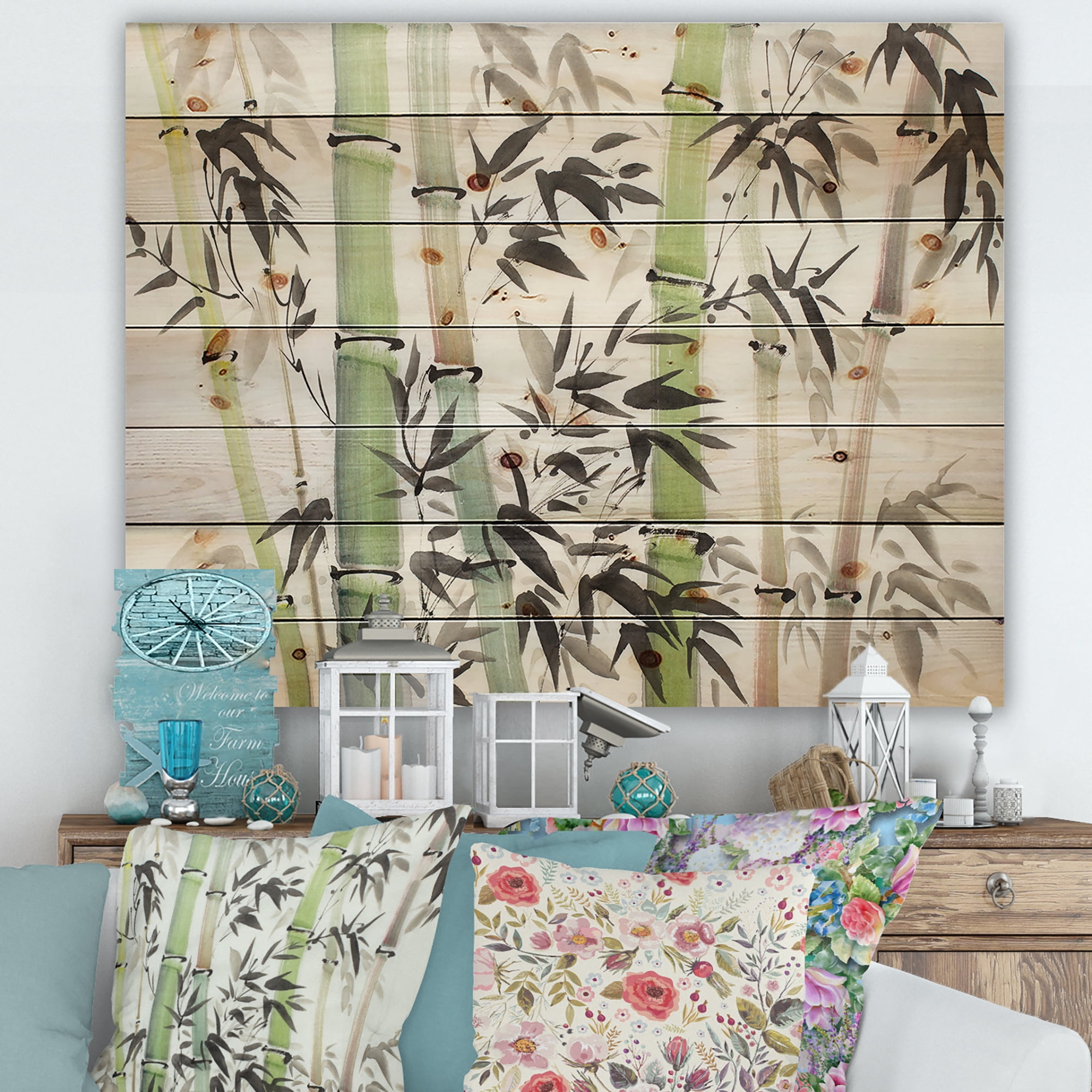 Designart 'The Forest of Bamboo Branches II' Lake House Print on Natural Pine Wood