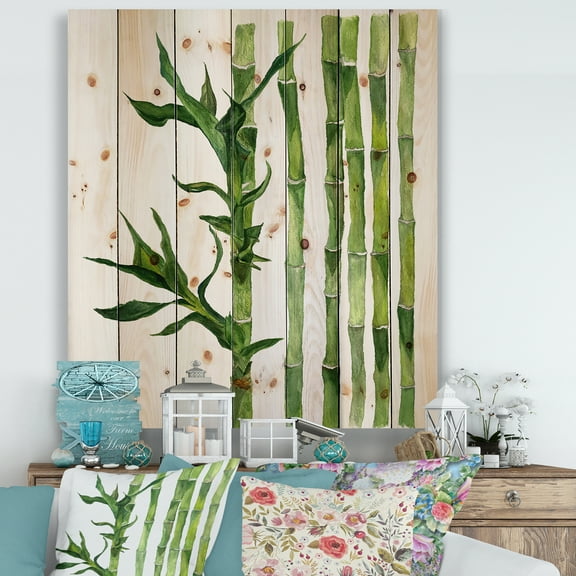 Designart 'The Forest of Bamboo Branches III' Tropical Print on Natural Pine Wood