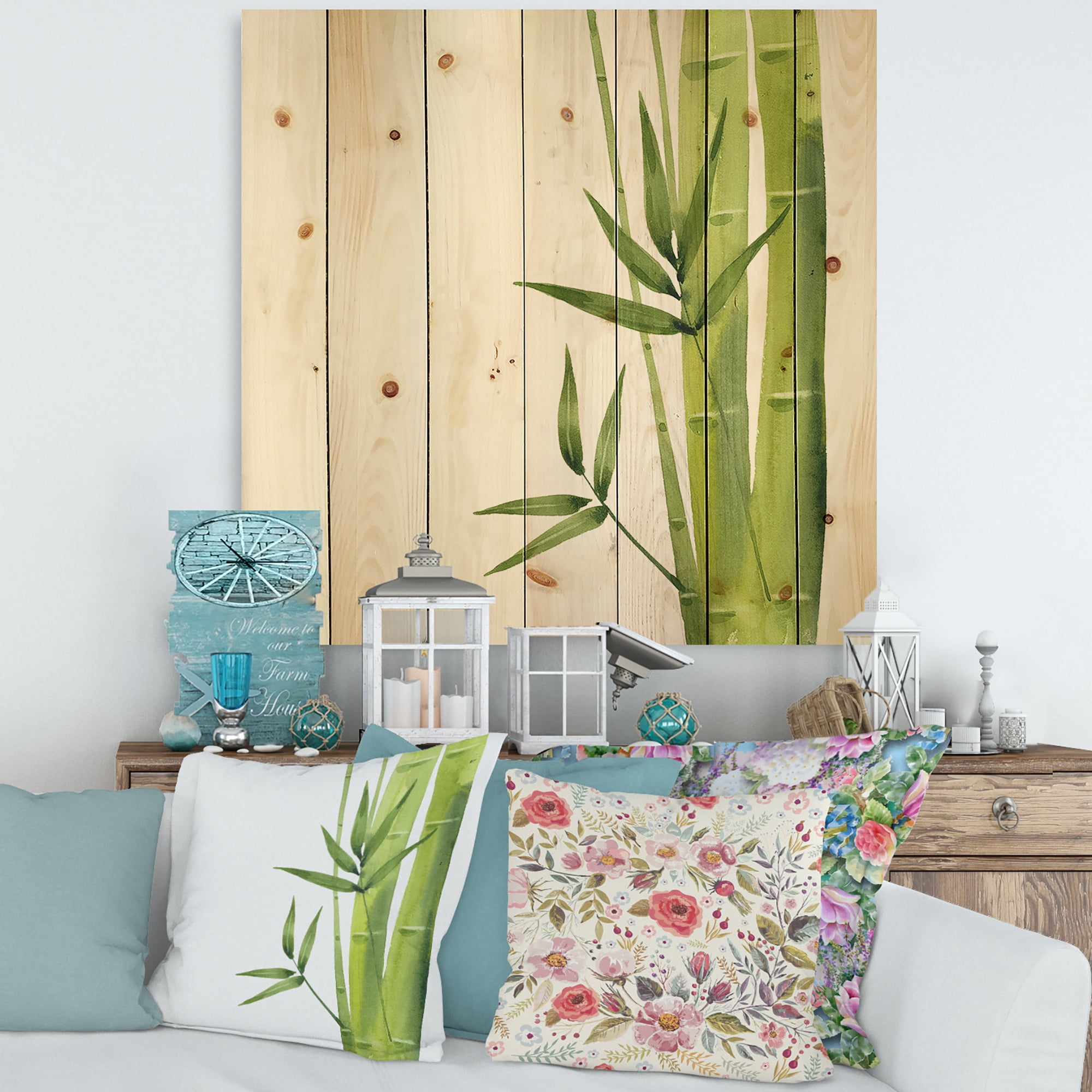 Designart 'The Forest of Bamboo Branches V' Tropical Print on Natural Pine Wood