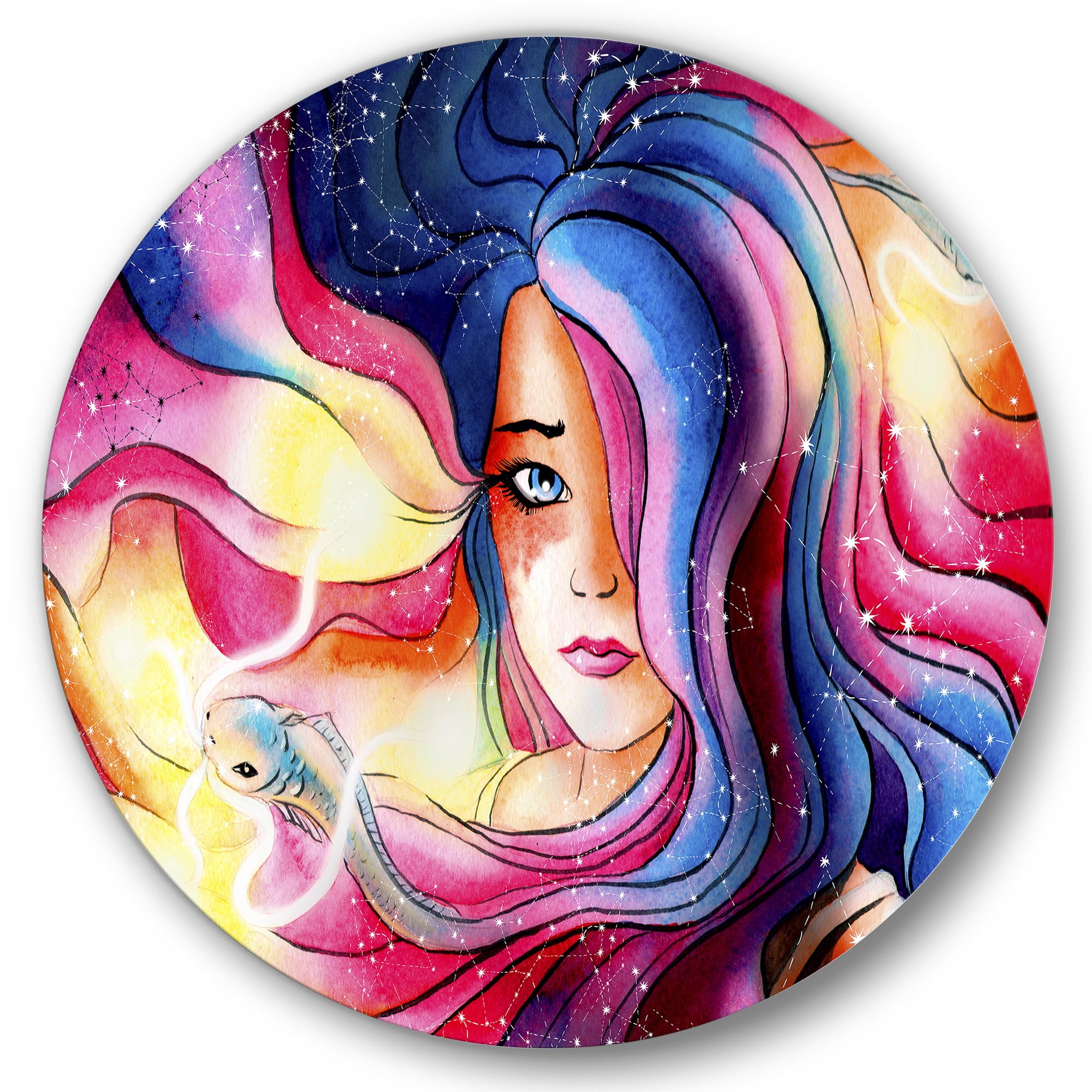 Designart 'The Girl Portrait With The Glowing Hair' Modern Circle Metal Wall Art 29x29 - Disc of 29