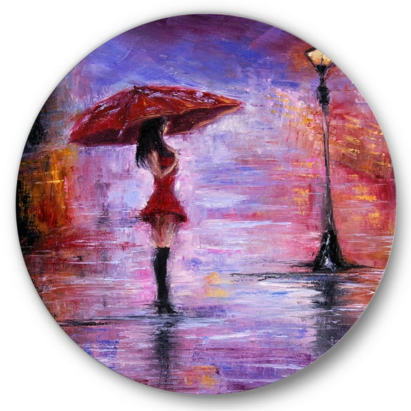 Designart 'The Girl With The Umbrella Walking In The Rain I' French Country Circle Metal Wall Art 11x11 - Disc of 11