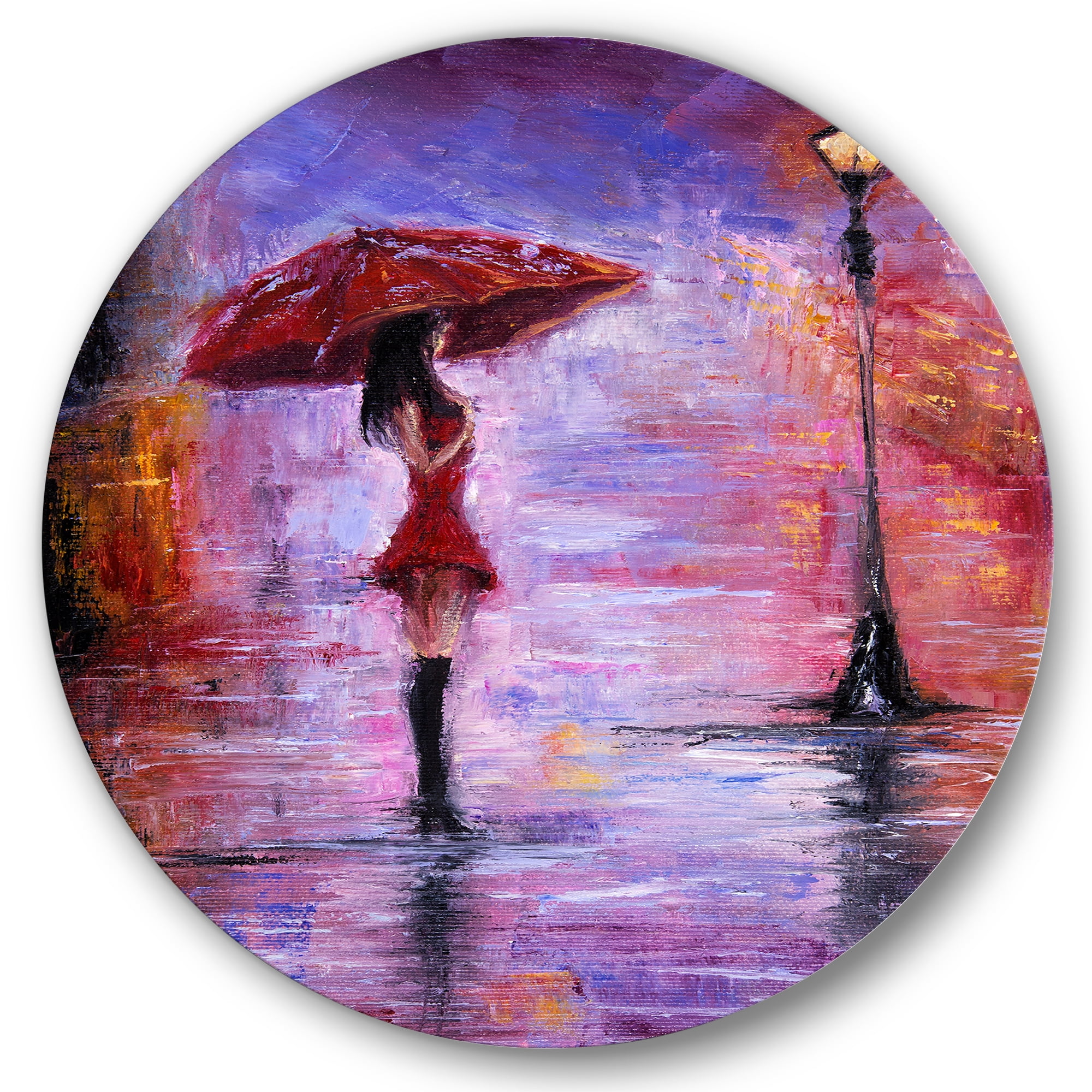 Designart 'The Girl With The Umbrella Walking In The Rain I' French Country Circle Metal Wall Art 29x29 - Disc of 29