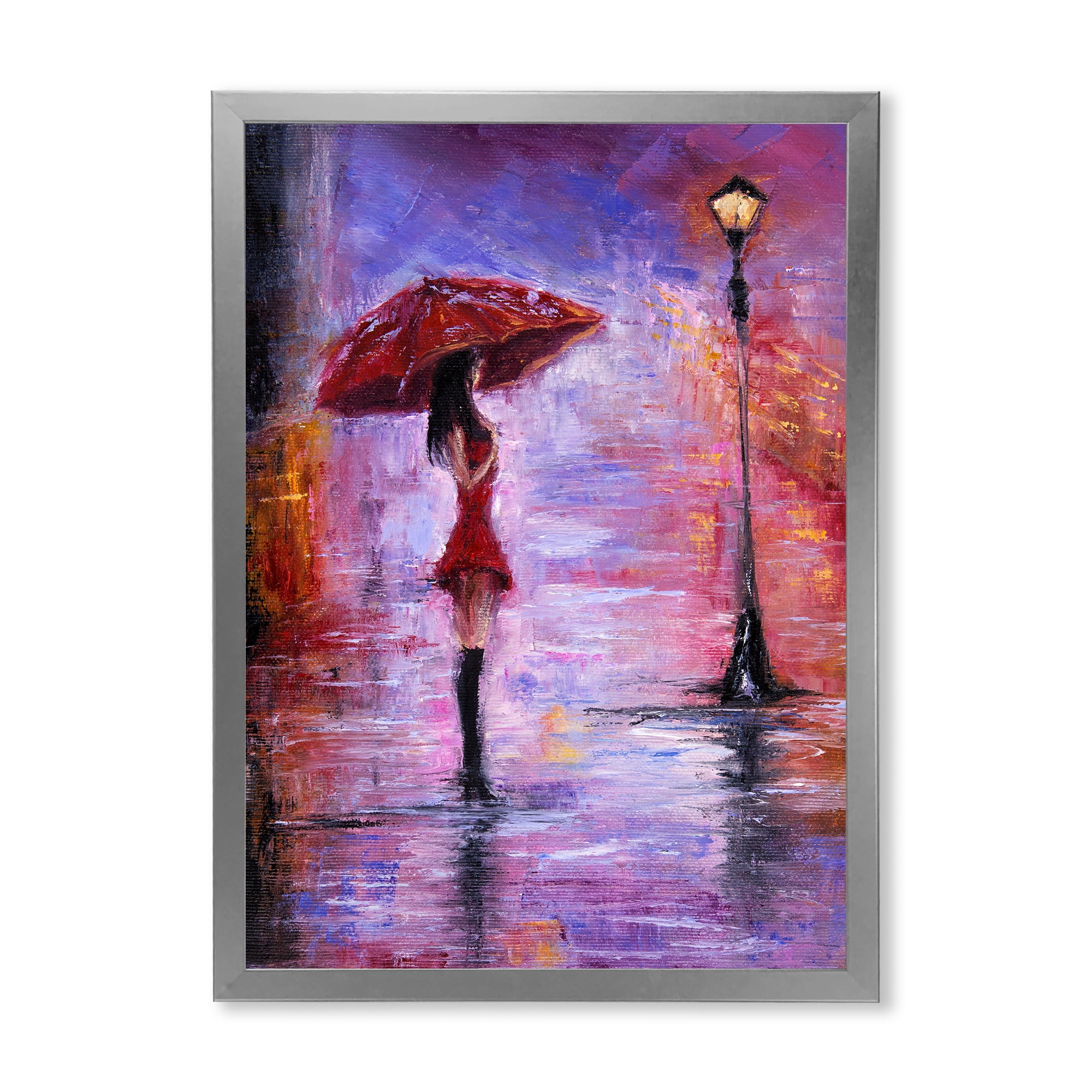 Designart 'The Girl With The Umbrella Walking In The Rain I' French Country Framed Art Print