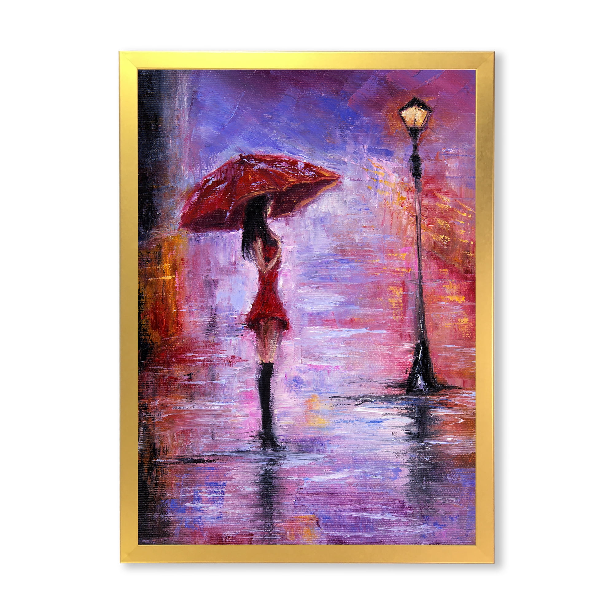 Designart 'The Girl With The Umbrella Walking In The Rain I' French Country Framed Art Print