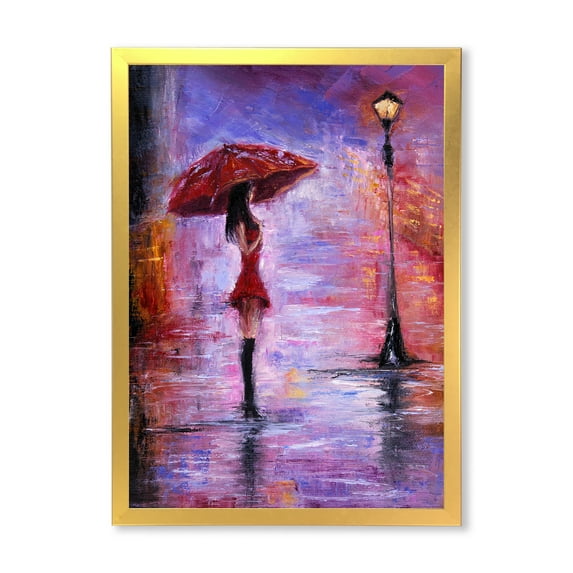 Designart 'The Girl With The Umbrella Walking In The Rain I' French Country Framed Art Print