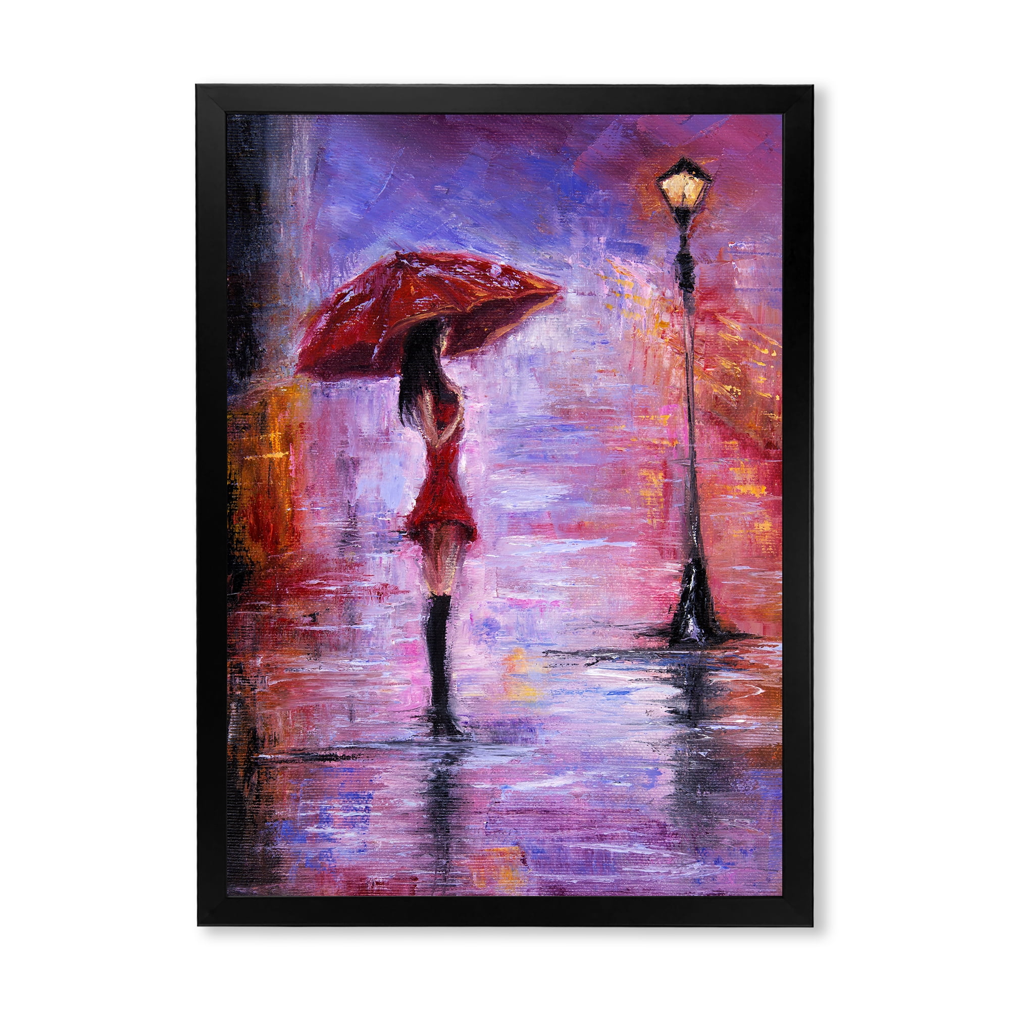 Designart 'The Girl With The Umbrella Walking In The Rain I' French Country Framed Art Print