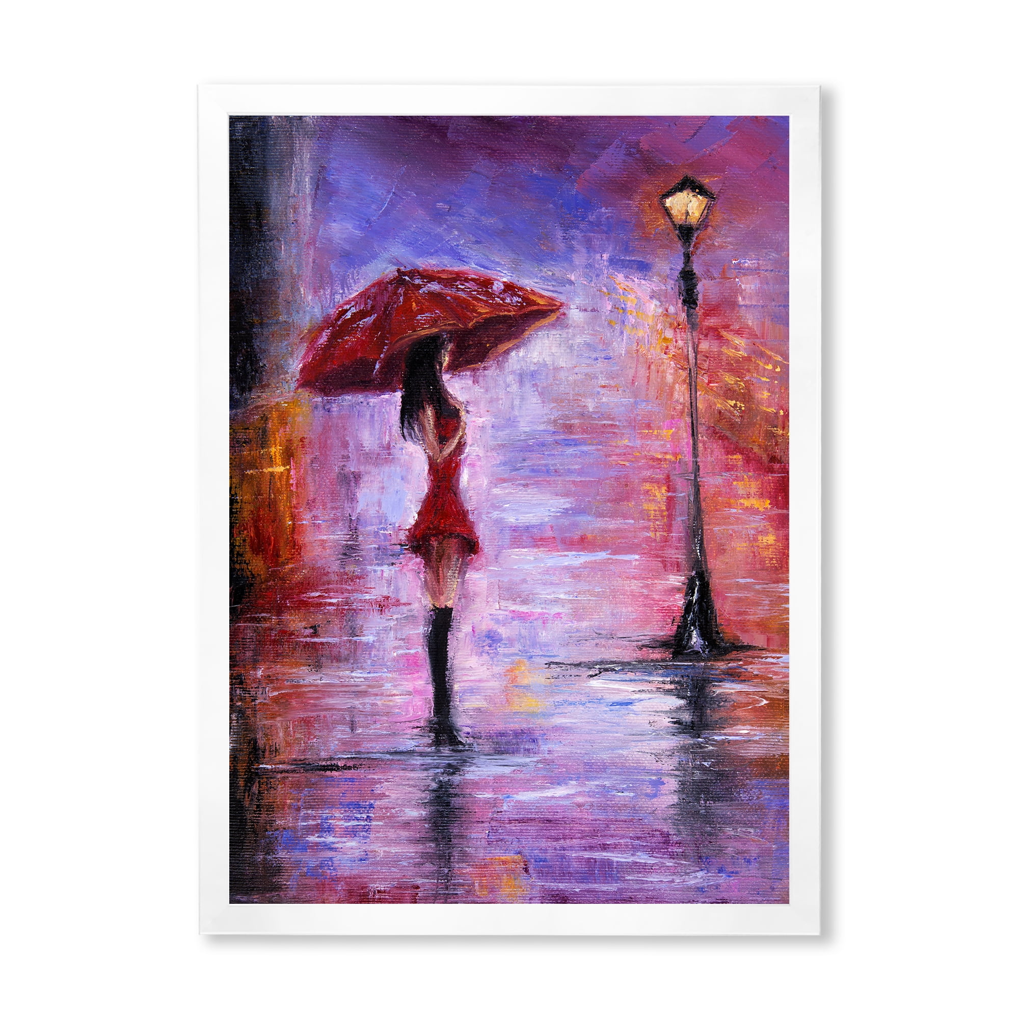 Designart 'The Girl With The Umbrella Walking In The Rain I' French Country Framed Art Print