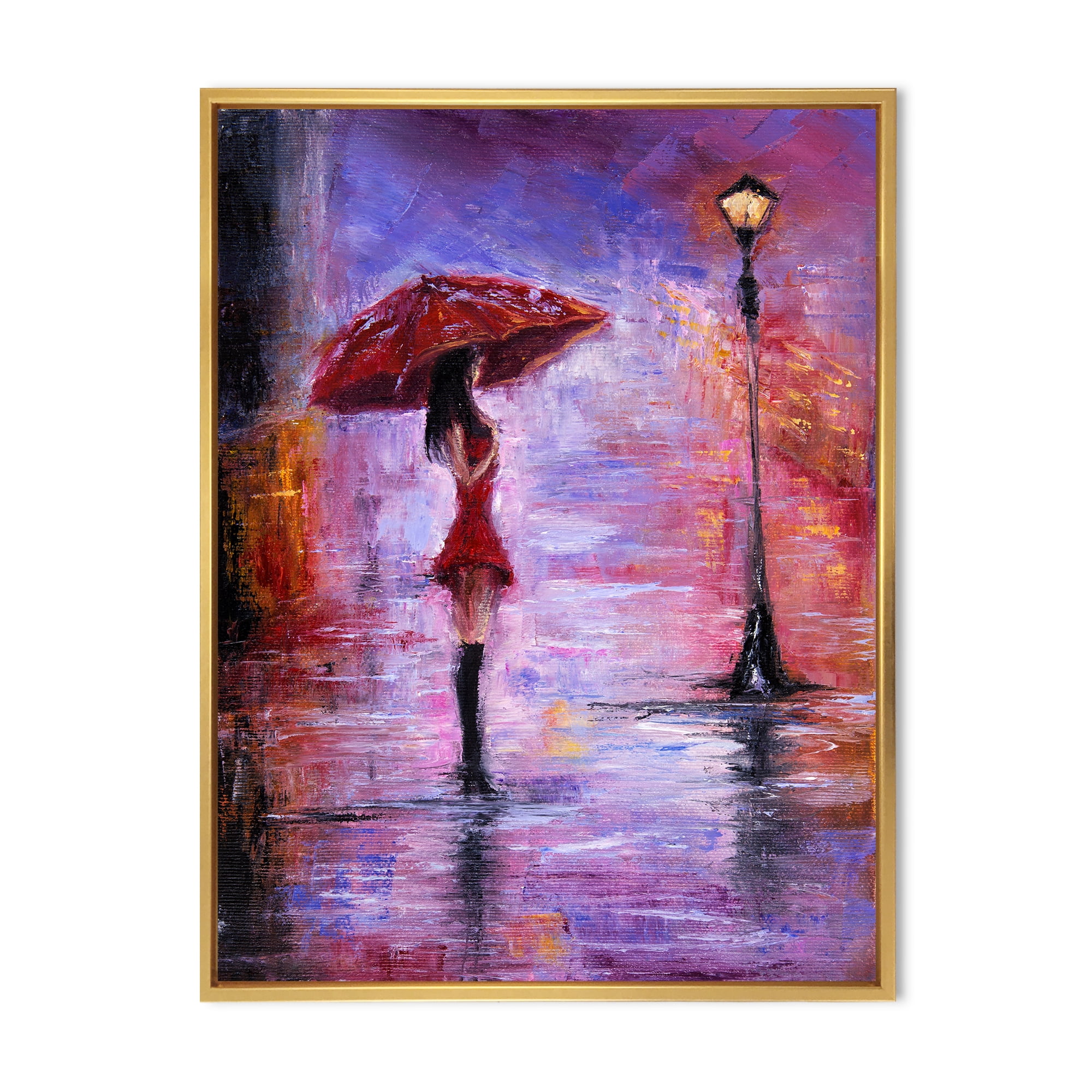 Designart 'The Girl With The Umbrella Walking In The Rain I' French Country Framed Canvas Wall Art Print