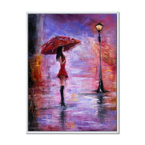 Designart 'The Girl With The Umbrella Walking In The Rain I' French Country Framed Canvas Wall Art Print