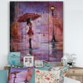 thumbnail image 1 of Designart 'The Girl With The Umbrella Walking In The Rain I' French Country Print on Natural Pine Wood, 1 of 1