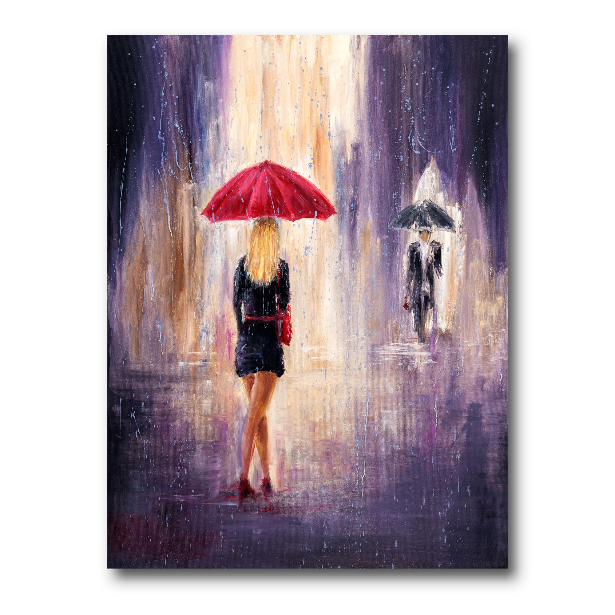 Designart ' The Girl With The Umbrella Walking In The Rain II ' French Country Canvas Wall Art Print