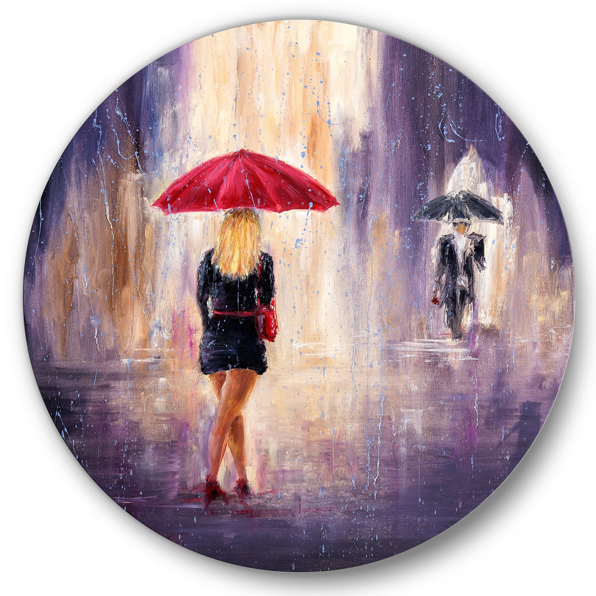 Designart 'The Girl With The Umbrella Walking In The Rain II' French Country Circle Metal Wall Art 29x29 - Disc of 29