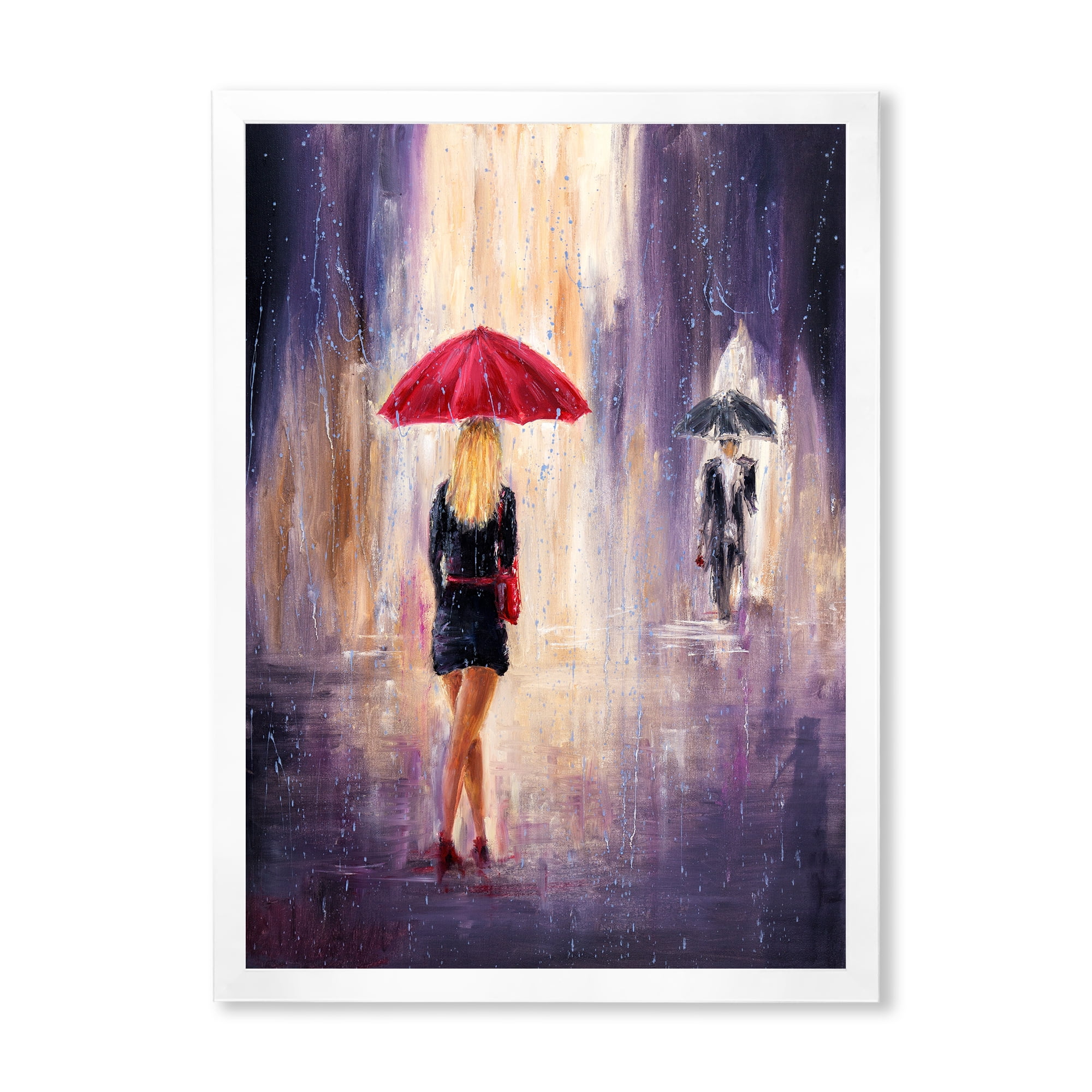 Designart 'The Girl With The Umbrella Walking In The Rain II' French Country Framed Art Print